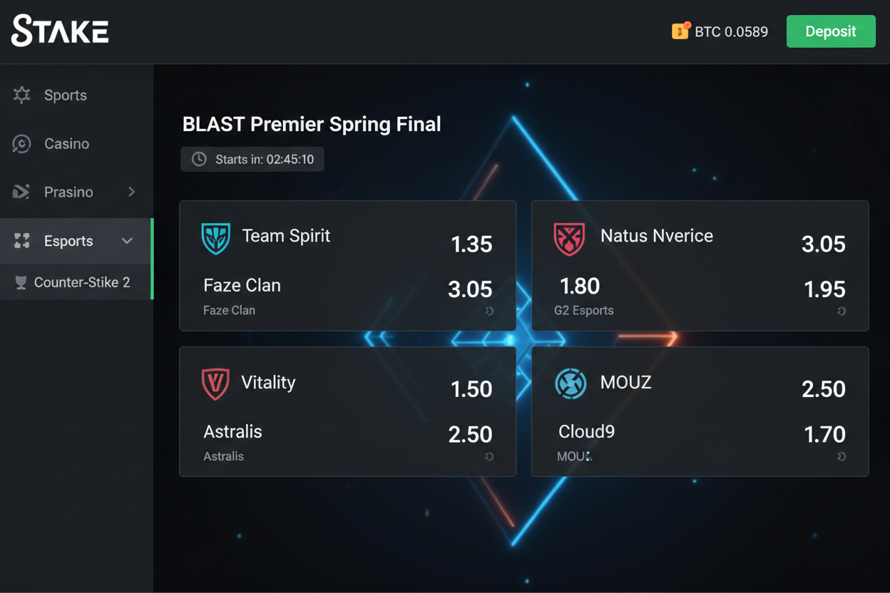 Dynamic screenshot of Stake.com CS2 betting lobby with live crypto odds for BLAST Premier 2026 tournament, showcasing esports betting markets and interfaces