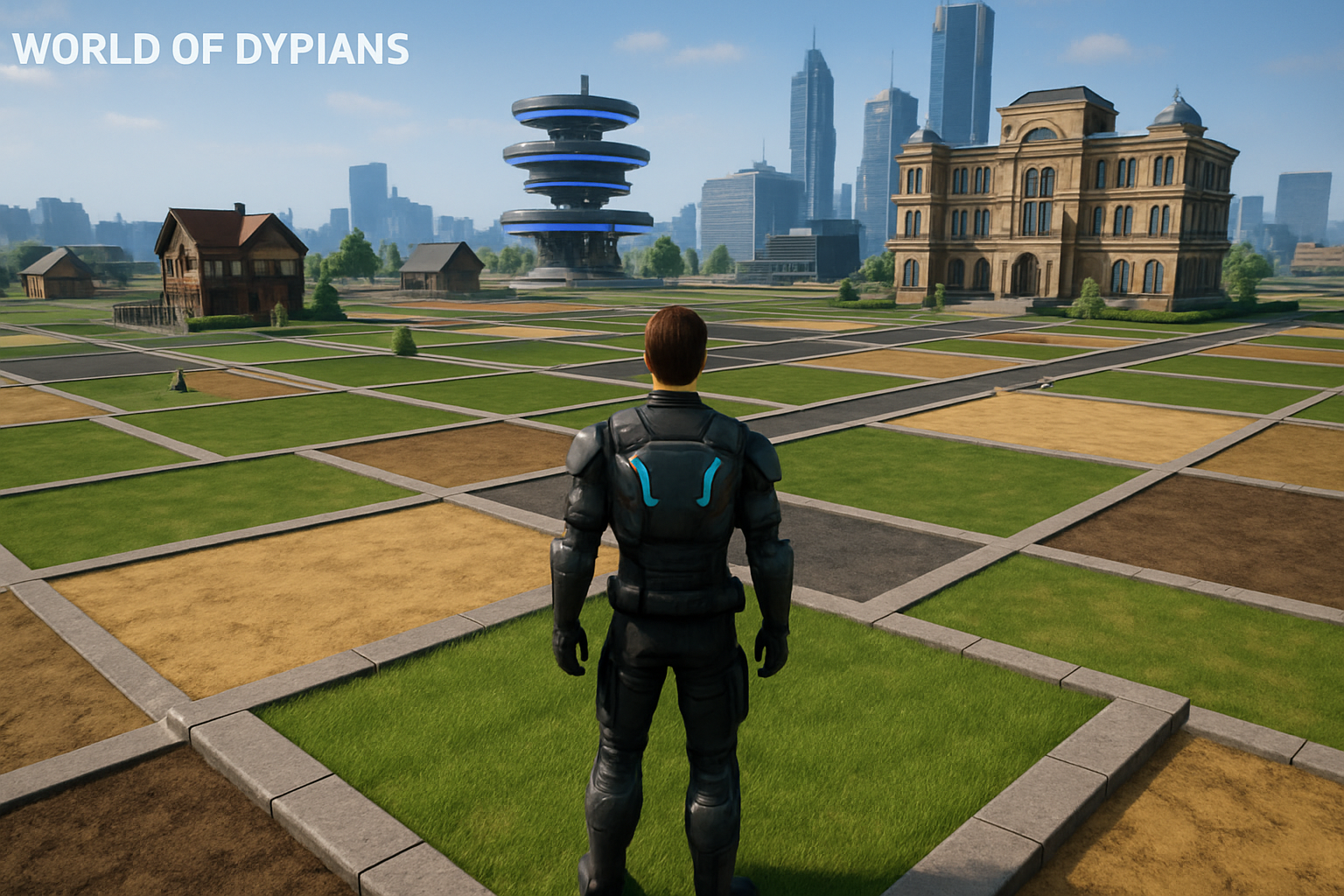 Dynamic screenshot of World of Dypians metaverse showcasing NFT land parcels and player-built structures in Web3 MMORPG gaming