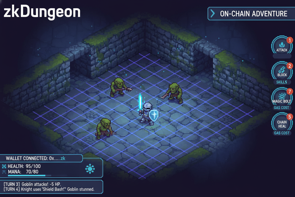 Dynamic screenshot of zkDungeon procedurally generated on-chain dungeon crawler gameplay, top fully on-chain roguelite game using MUD and Dojo frameworks 2026