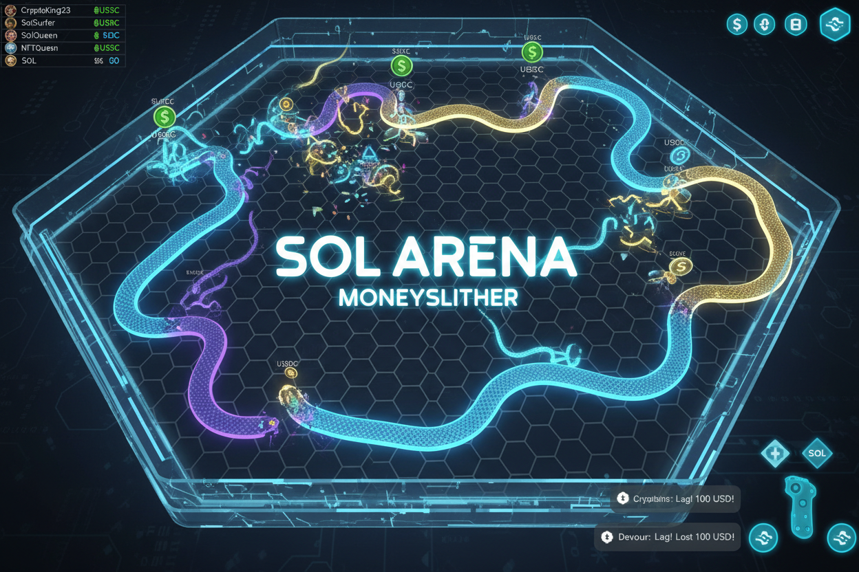 Dynamic screenshot of SLPE Snake gameplay on Solana capturing multiplayer battles, token quests completion, and USDC extractions in play-to-earn action
