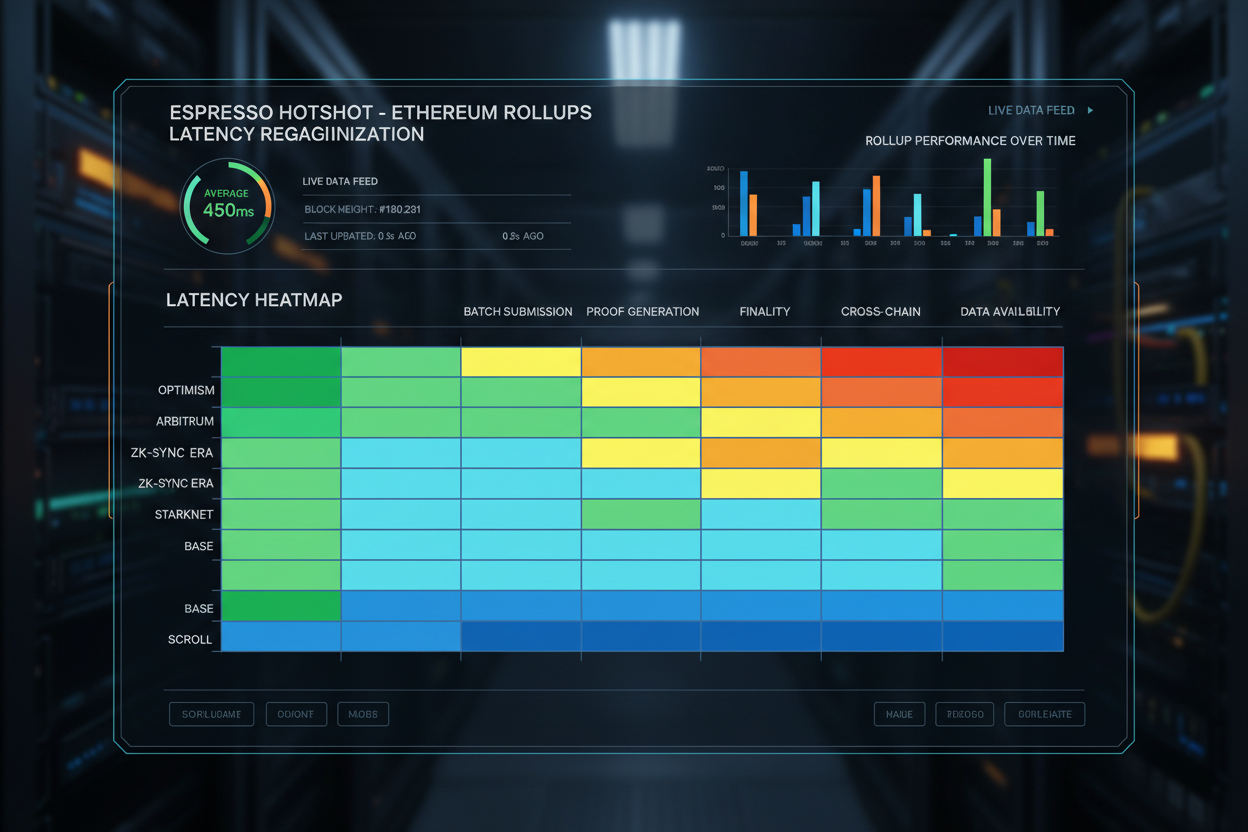 Dynamic SharedSeqWatch dashboard visualizing Espresso HotShot consensus metrics, latency heatmaps, and reorg trends for Ethereum rollups