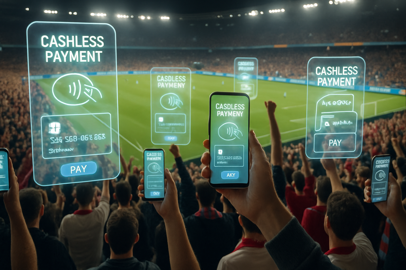 Dynamic soccer stadium crowd of fans using fan tokens for cashless payments with AR VIP overlays on smartphones, Juventus PSG 2025 fan engagement