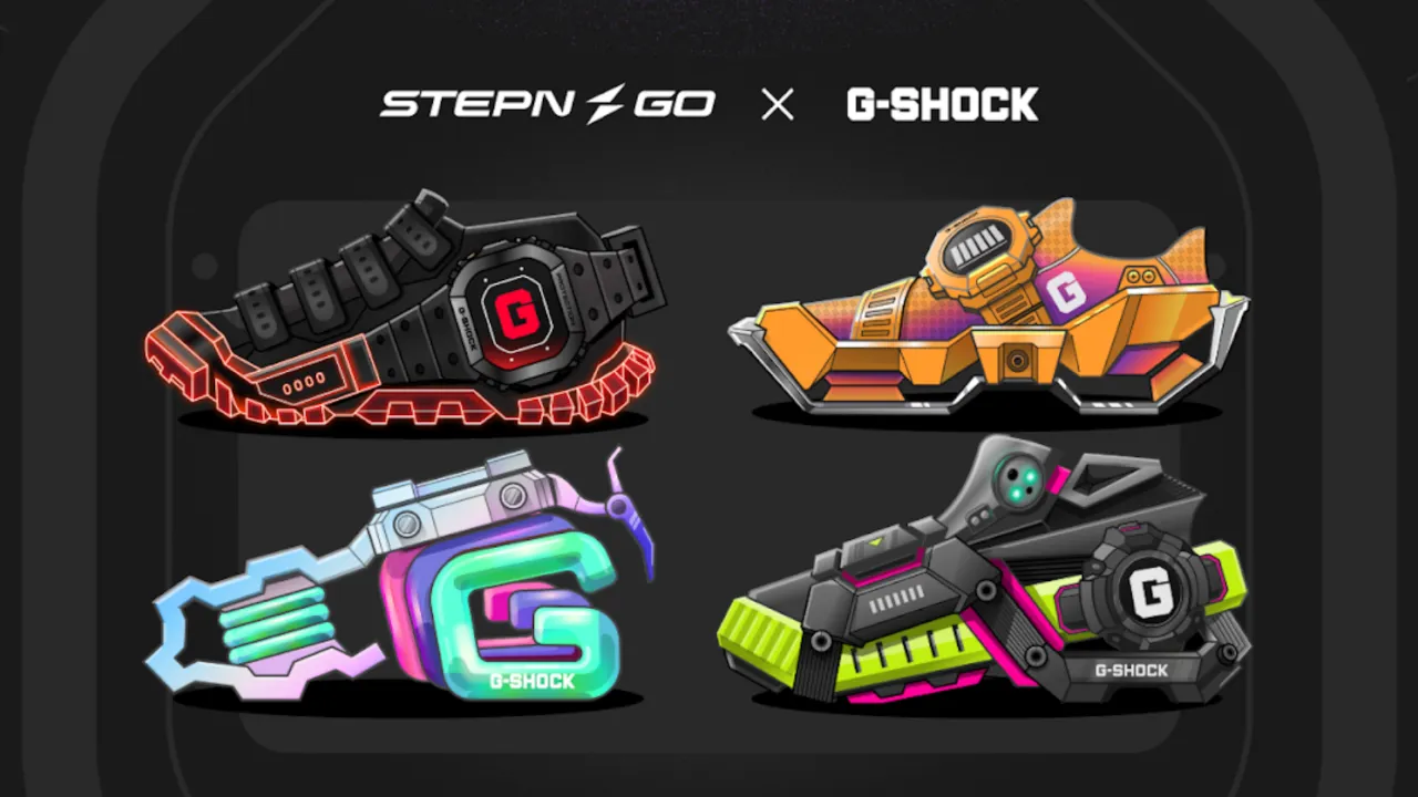 Dynamic STEPN gameplay screenshot on Solana showcasing move-to-earn mechanics with colorful sneaker NFTs, running activity, and GMT/GST token rewards prominently displayed