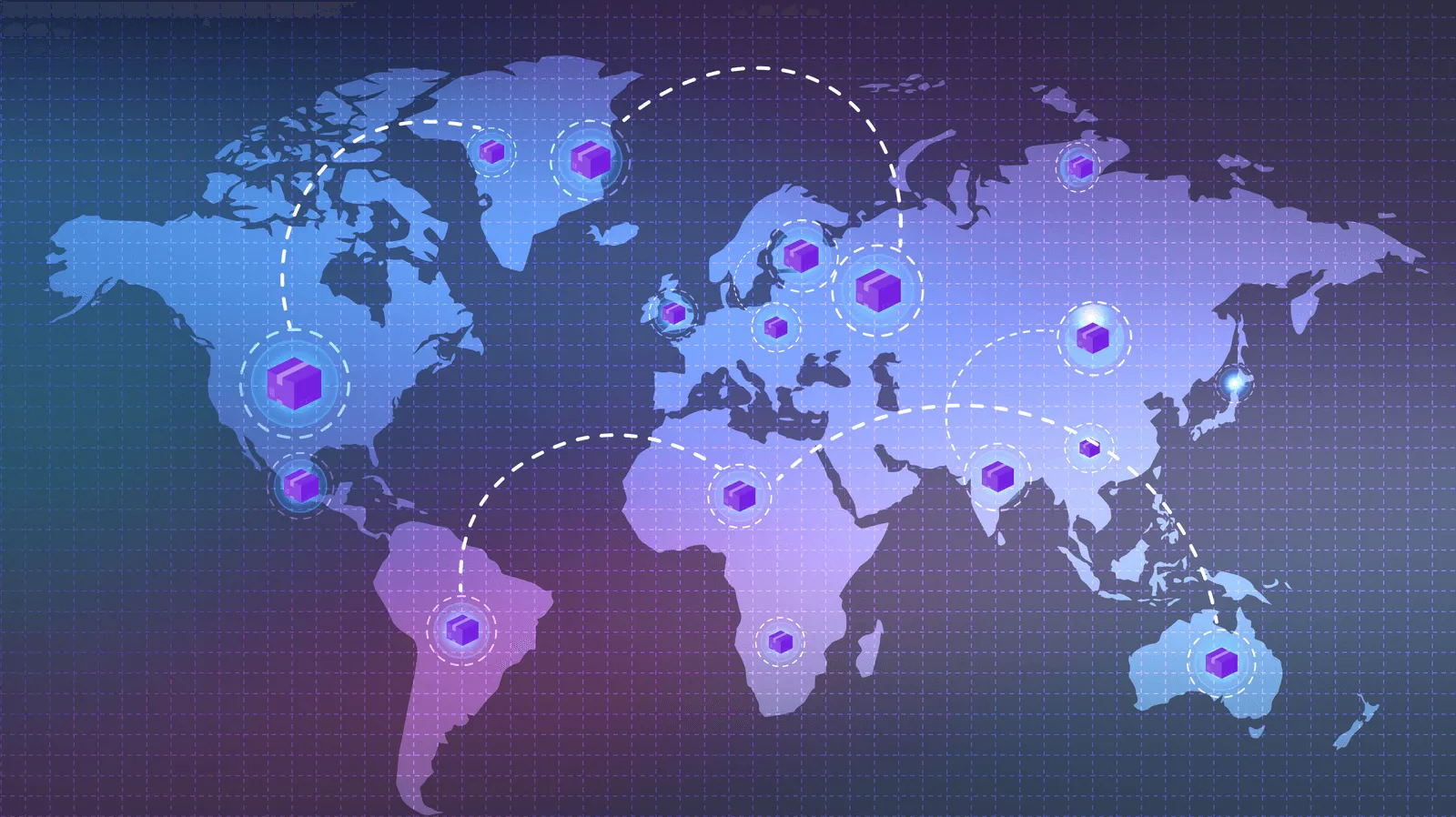 Dynamic AI-optimized global supply chain network visualization showing trucks, ships, warehouses with predictive analytics overlays and logistics data flows
