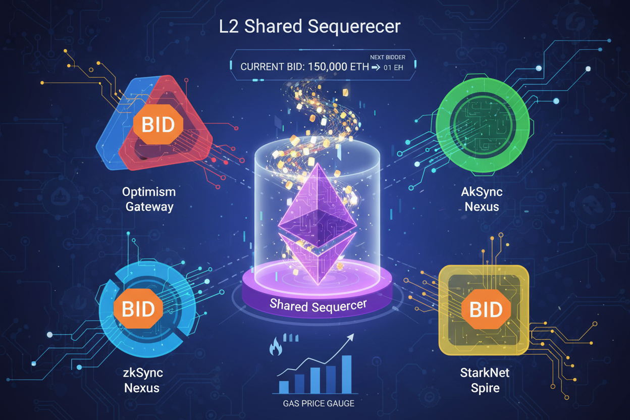 Dynamic visualization of bidding wars and strategies in Ethereum L2 sequencing auctions on shared sequencer marketplaces, illustrating cost-aware bidding, dynamic adjustments, MEV integration, auction optimization, portfolio diversification, historical analysis, and competitor monitoring