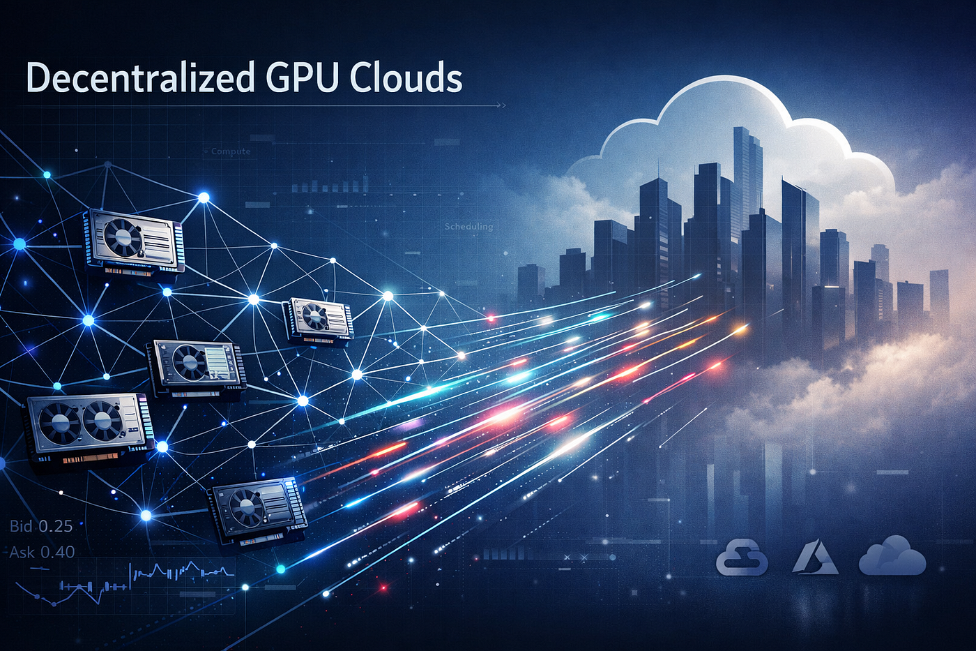 Dynamic 2026 visualization of global decentralized GPU networks powering tokenized AI inference rentals featuring Render Network, io.net, Akash Network, Nosana, and Aethir