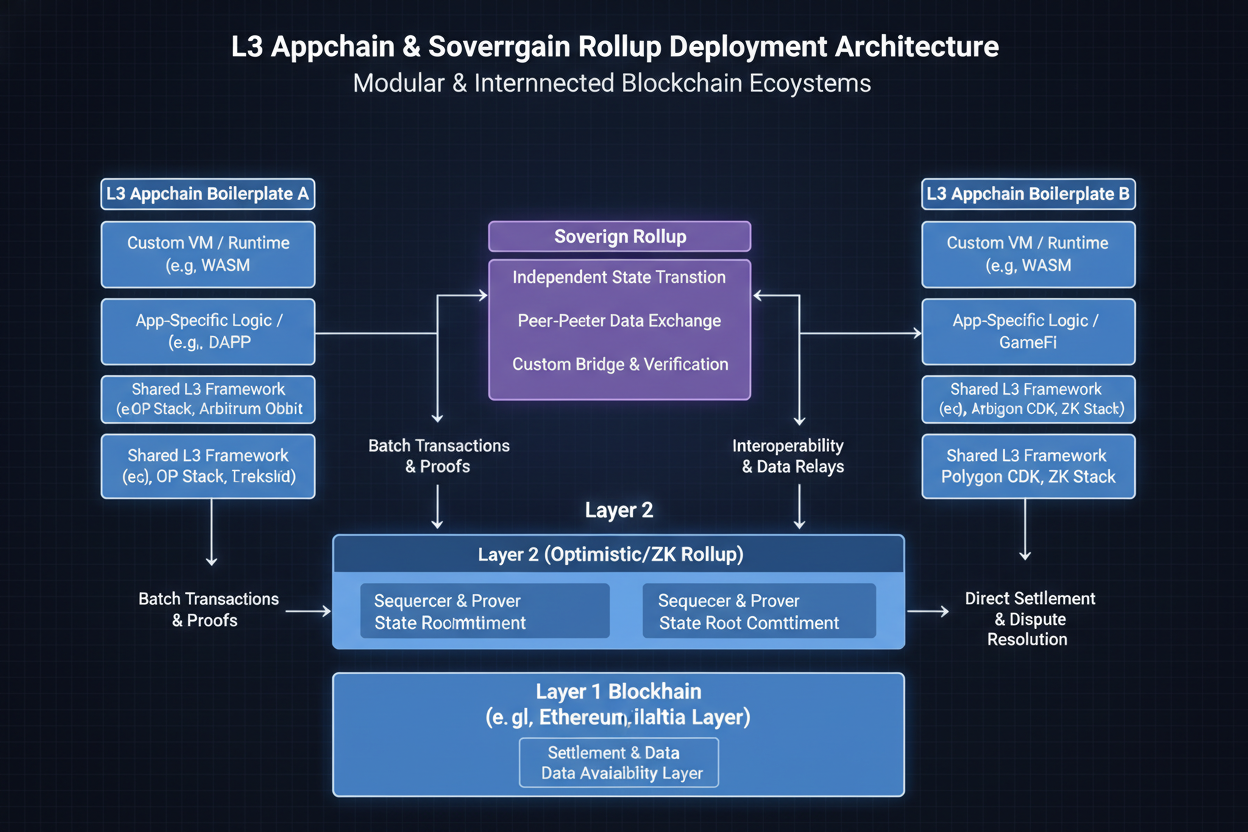 Dynamic visualization of L3 appchain boilerplates deploying sovereign rollups in 2026, futuristic blockchain Layer 3 templates and appchain DevRel kits graphic