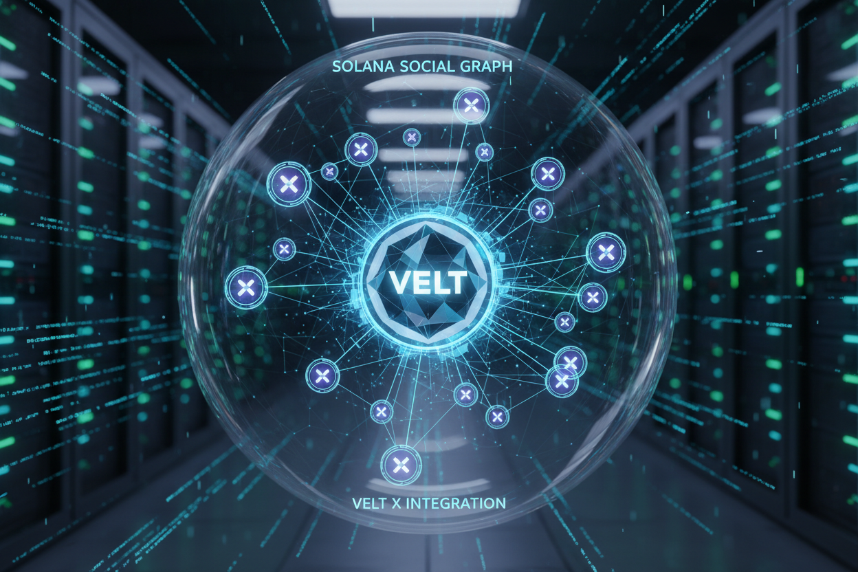 Dynamic visualization of Solana blockchain integrating social graphs with VELT tokens and X username connections for Web3 SocialFi airdrop rewards