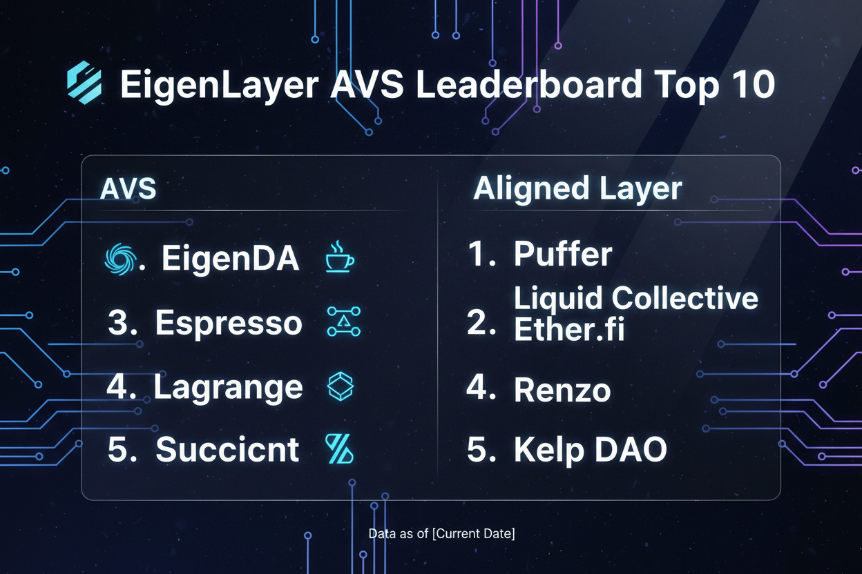 2026 AVS Leaderboard dynamic visualization of top 10 fastest growing services including EigenDA, Aligned Layer, Espresso Systems, Lagrange, Succinct SP1, Witness Chain, Autolyra, Phala Network, Taiko AVS, AltLayer by throughput latency security metrics