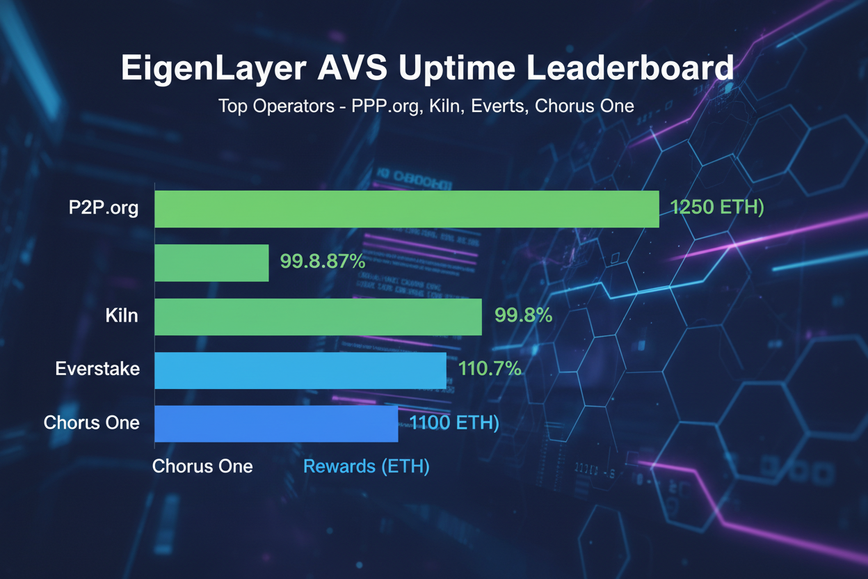 Top 10 EigenLayer AVS Uptime Leaderboard Operators Q1 2026 visualization with performance bars and reward metrics for P2P.org, Kiln, B-Harvest, InfStones, Stakely, Blockscape, Launchnodes, Nodes.Guru, Everstake, Chorus One
