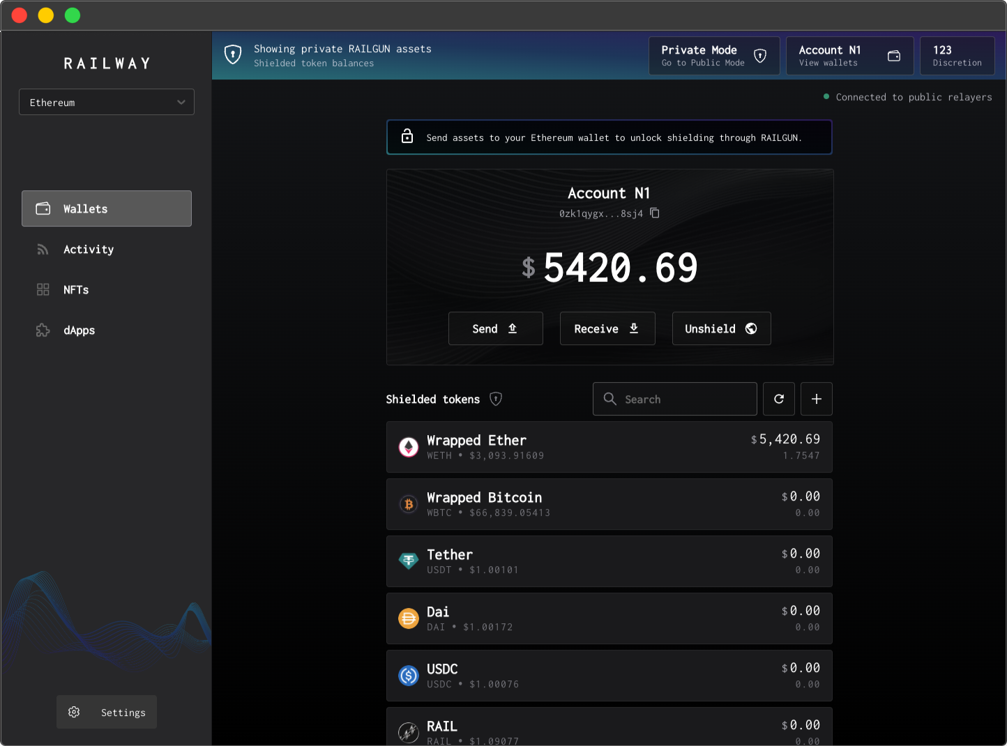 Ethereum wallet shielded balances interface