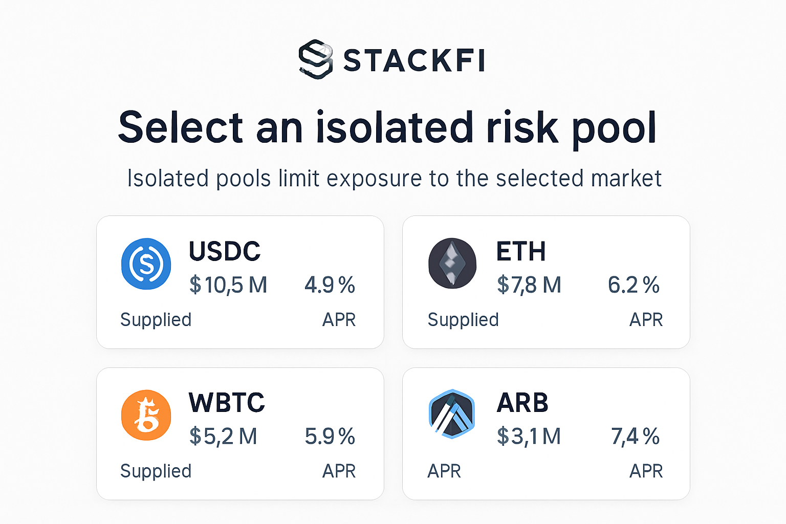 StackFi isolated risk pool selection screen