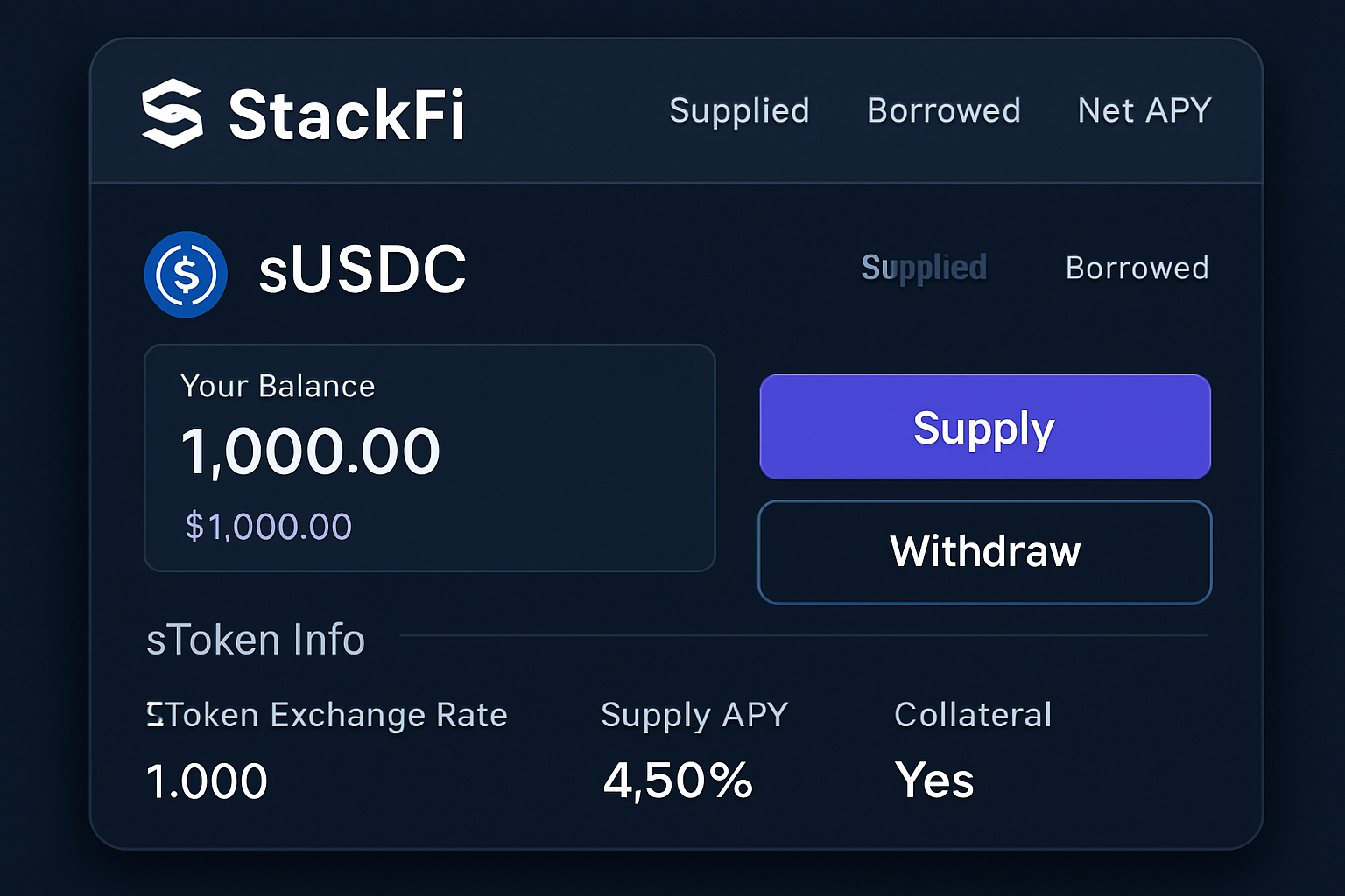 StackFi sUSDC sToken interface screenshot