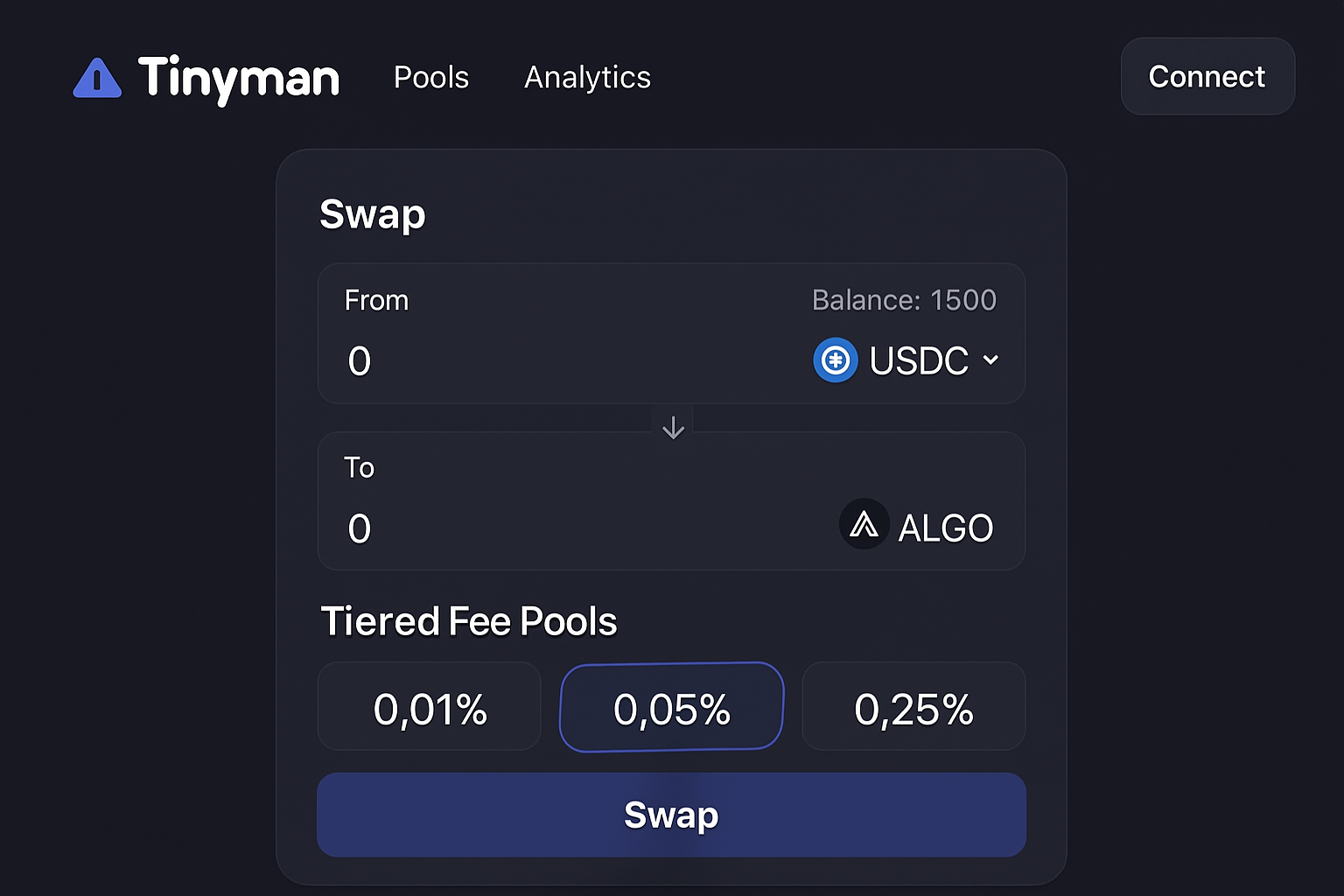 Tinyman DEX interface with tiered fee pools