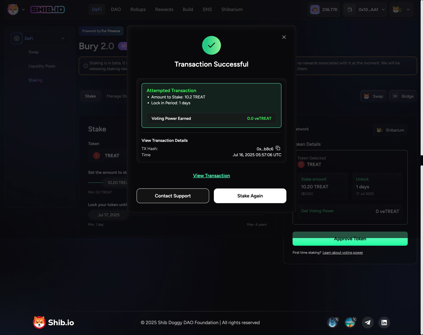 Staking tokens for DAO voting interface