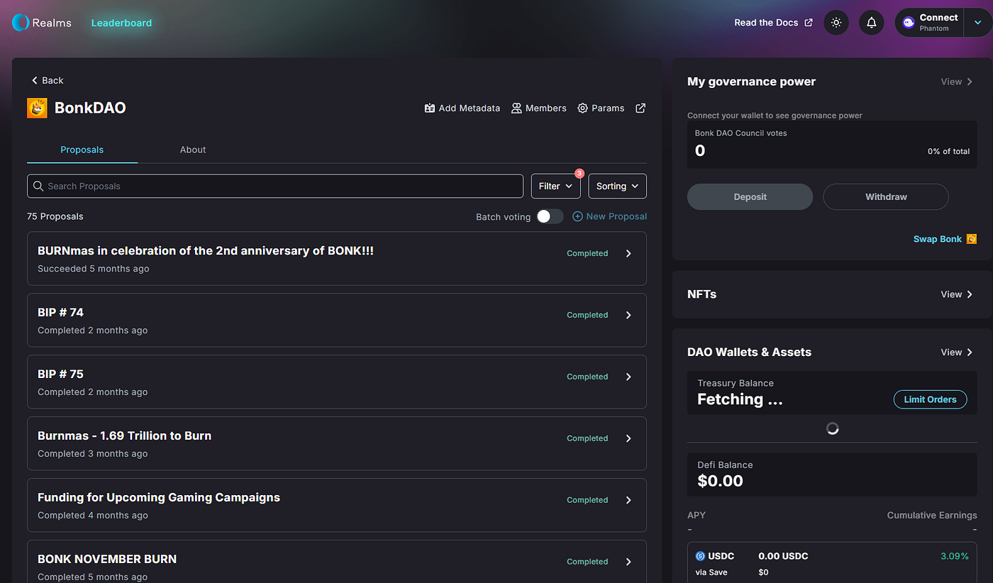 Realms Solana DAO governance dashboard