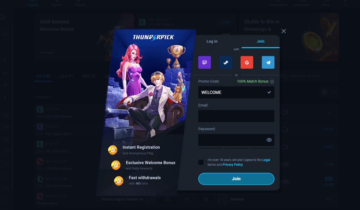 Thunderpick CS2 esports betting site interface