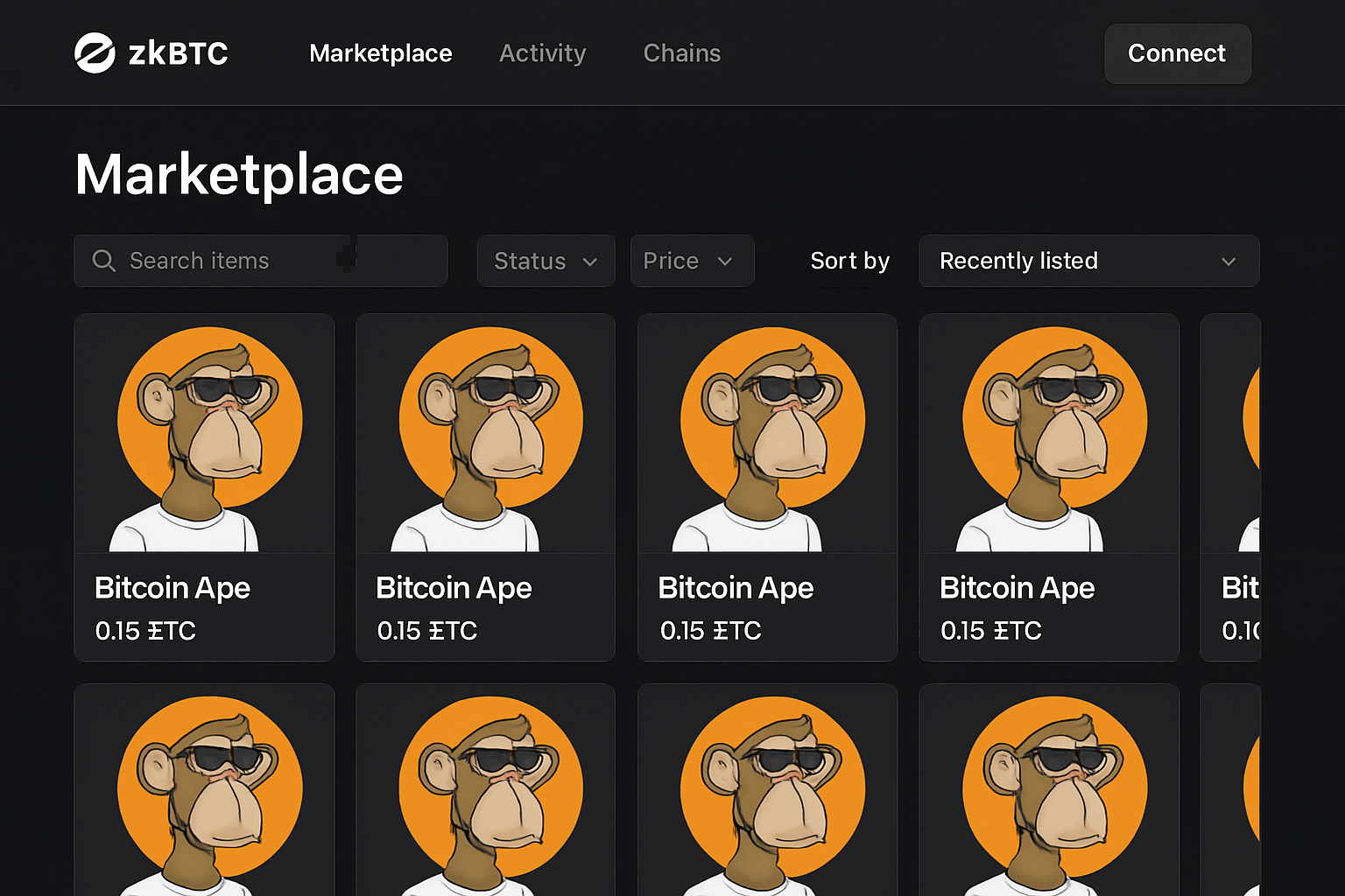 zkBTC NFT marketplace interface