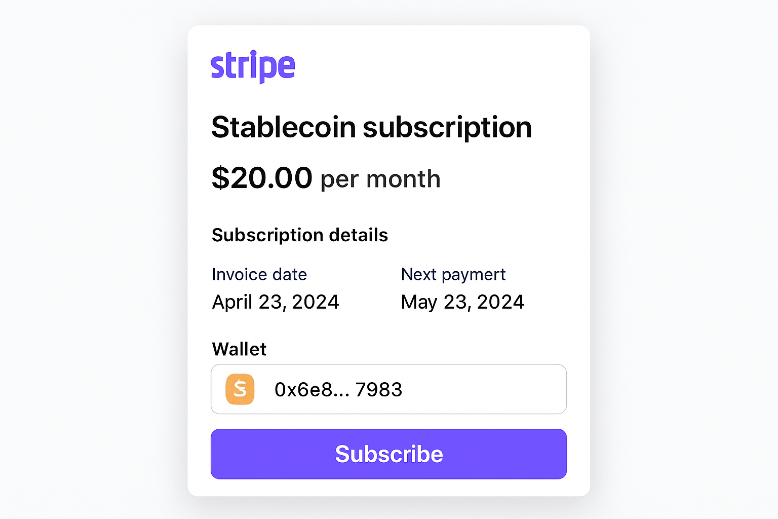 Stripe stablecoin subscription payments interface