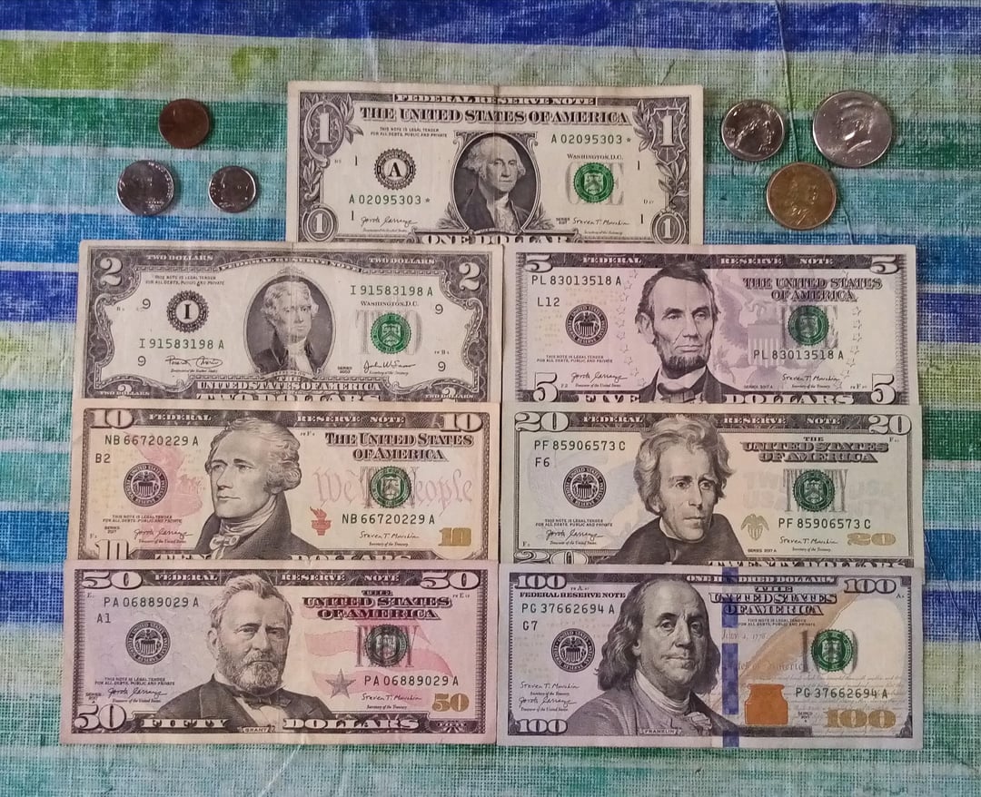 US dollar bills and coins