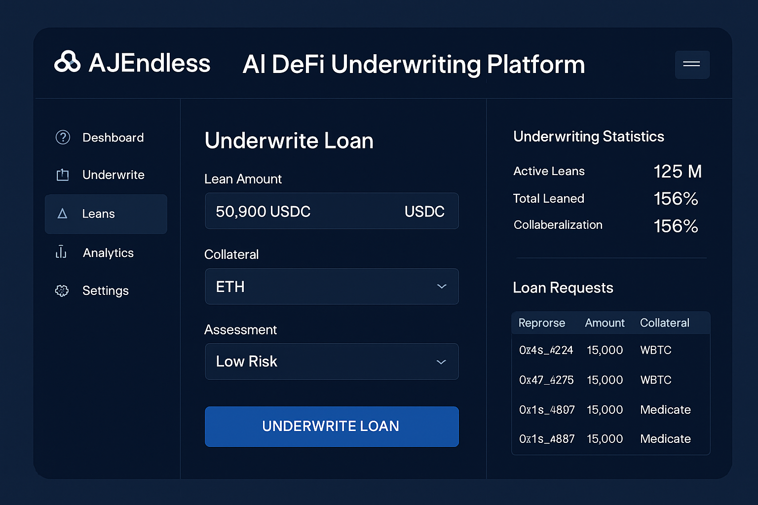 AJEndless AI DeFi underwriting platform screenshot