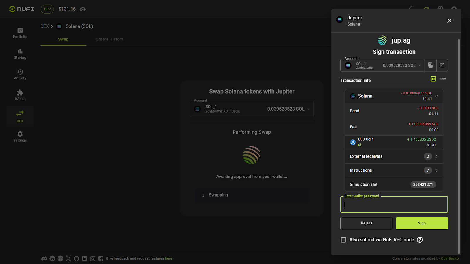 Jupiter DEX Solana swap screen