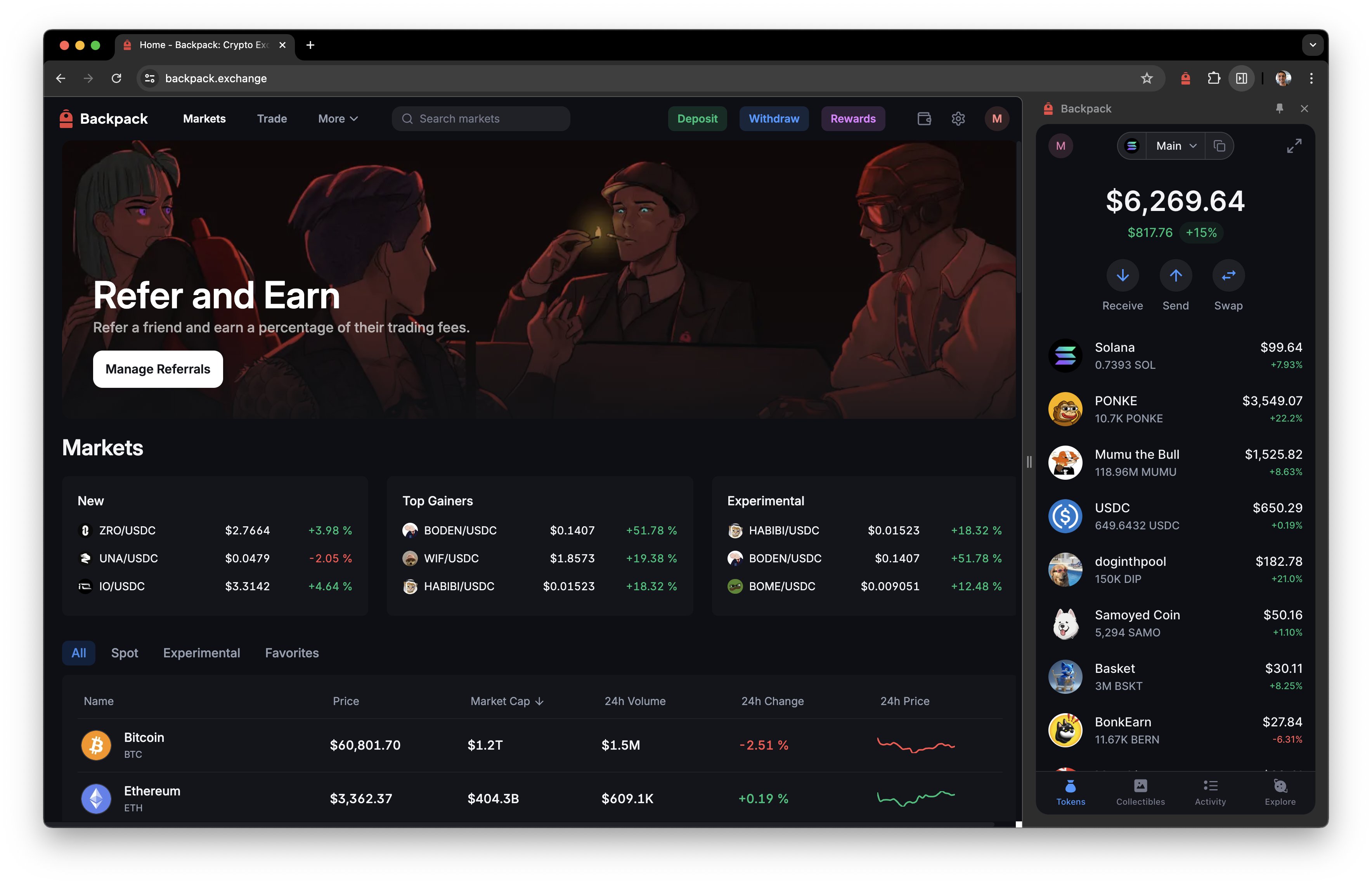 Backpack Exchange trading dashboard screenshot