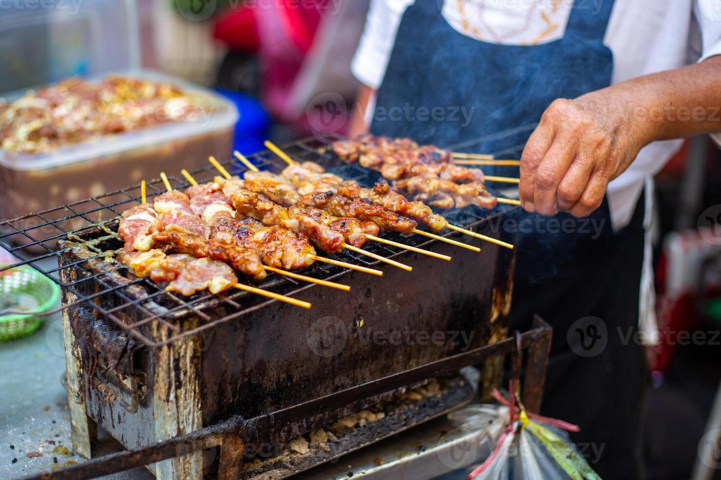 Energetic Asian street vendor smiling with customer scanning stablecoin QR code like USDT or USDC in vibrant bustling market