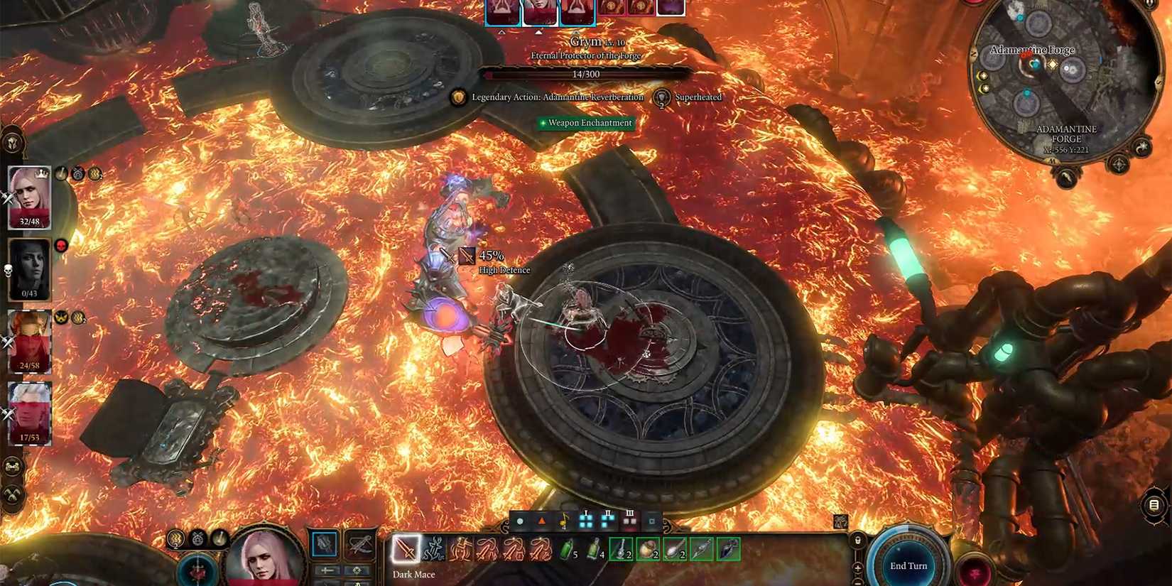 Epic Baldur's Gate 3 Act 1 Grymforge Adamantine Forge activation player screenshot with molten lava glow and massive hammer strike