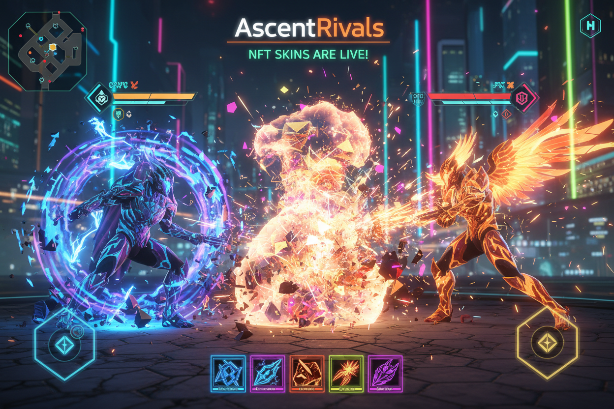 AscentRivals Web3 game epic rival clash gameplay screenshot with neon glow effects, particle explosions, and customizable NFT skins for Basement.fun players