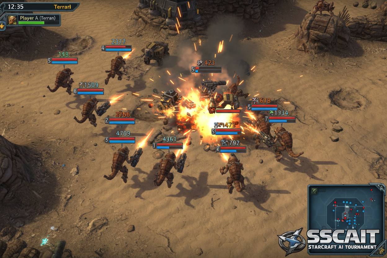 Epic SSCAIT 2026 AI vs AI StarCraft II battle screenshot showcasing intense micro-mechanics unit clashes with spectator betting overlays and tournament leaderboard