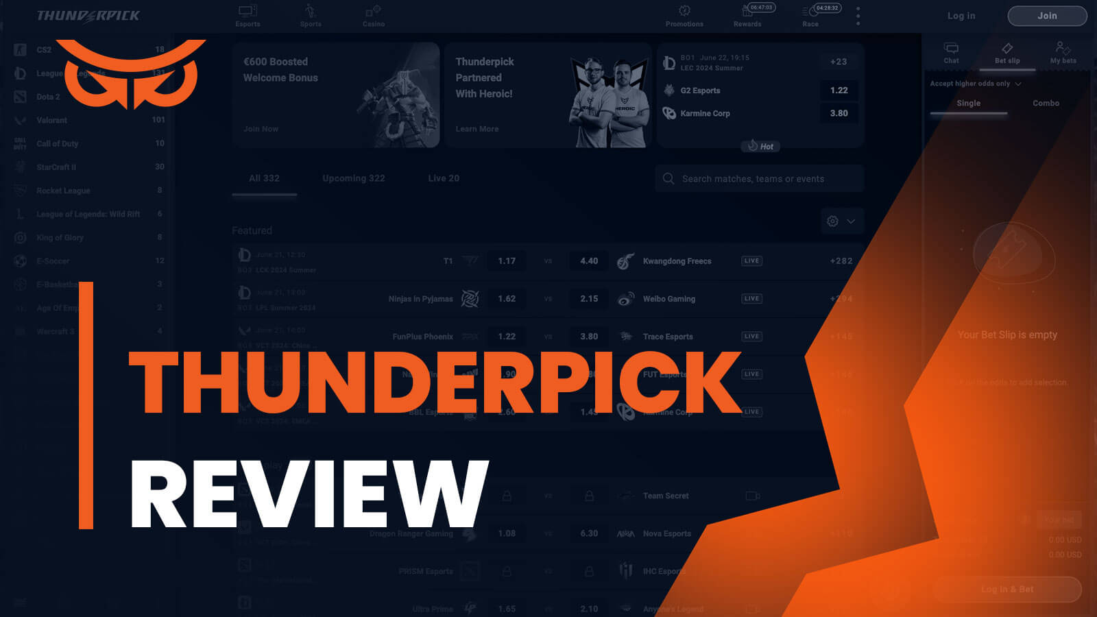 Esports bettor placing a live CS2 bet with Bitcoin on Thunderpick platform interface