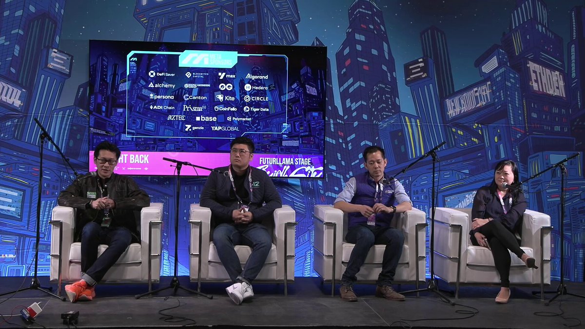 ETHDenver stage with BuffiBot demo screen showcasing chat interface automating DeFi trades and smart contracts on EVM chains