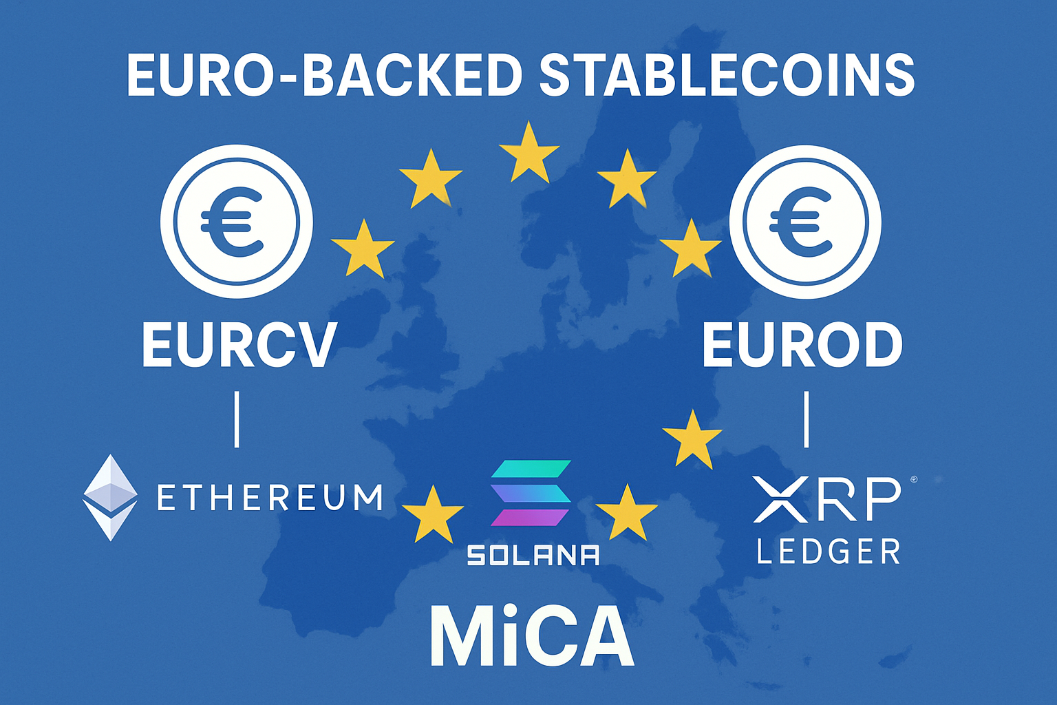 Euro-backed stablecoins like EURCV and EUROD represented as digital coins across Ethereum, Solana, and XRP Ledger blockchains, highlighting MiCA compliance in Europe's crypto market