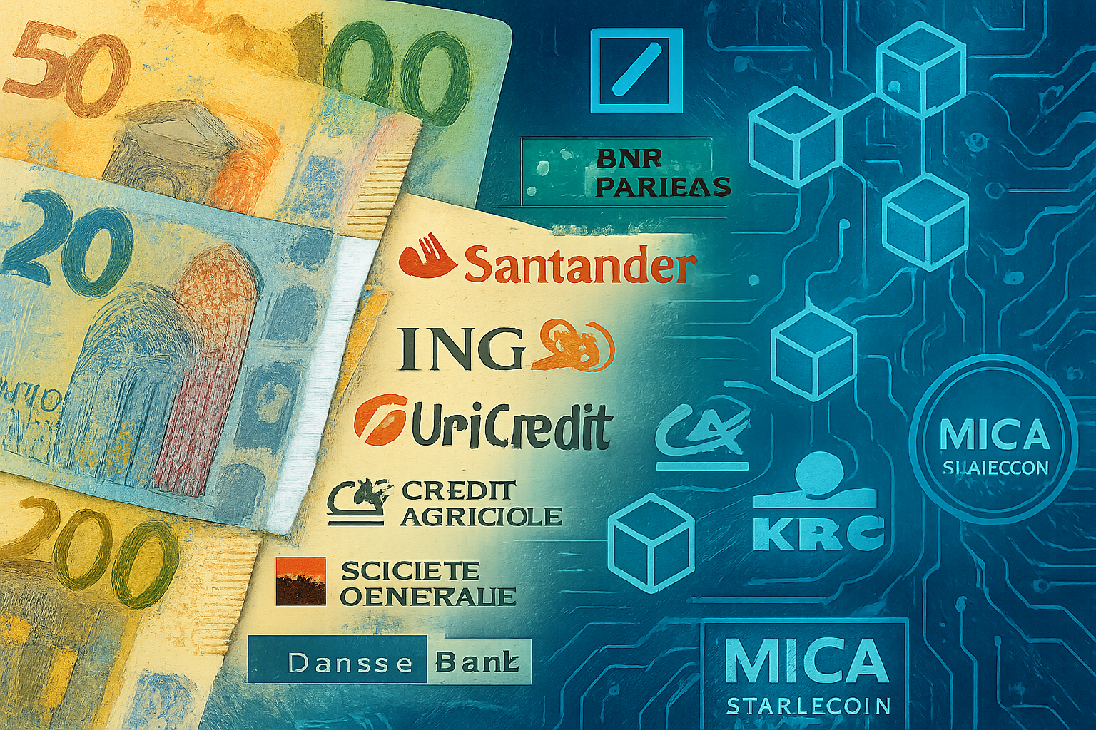 Euro banknotes merging with blockchain graphics, symbolizing the integration of traditional European banks (Deutsche Bank, BNP Paribas, Santander, ING Group, UniCredit, Crédit Agricole, Société Générale, KBC Group, Danske Bank) with digital assets under MiCA regulation.