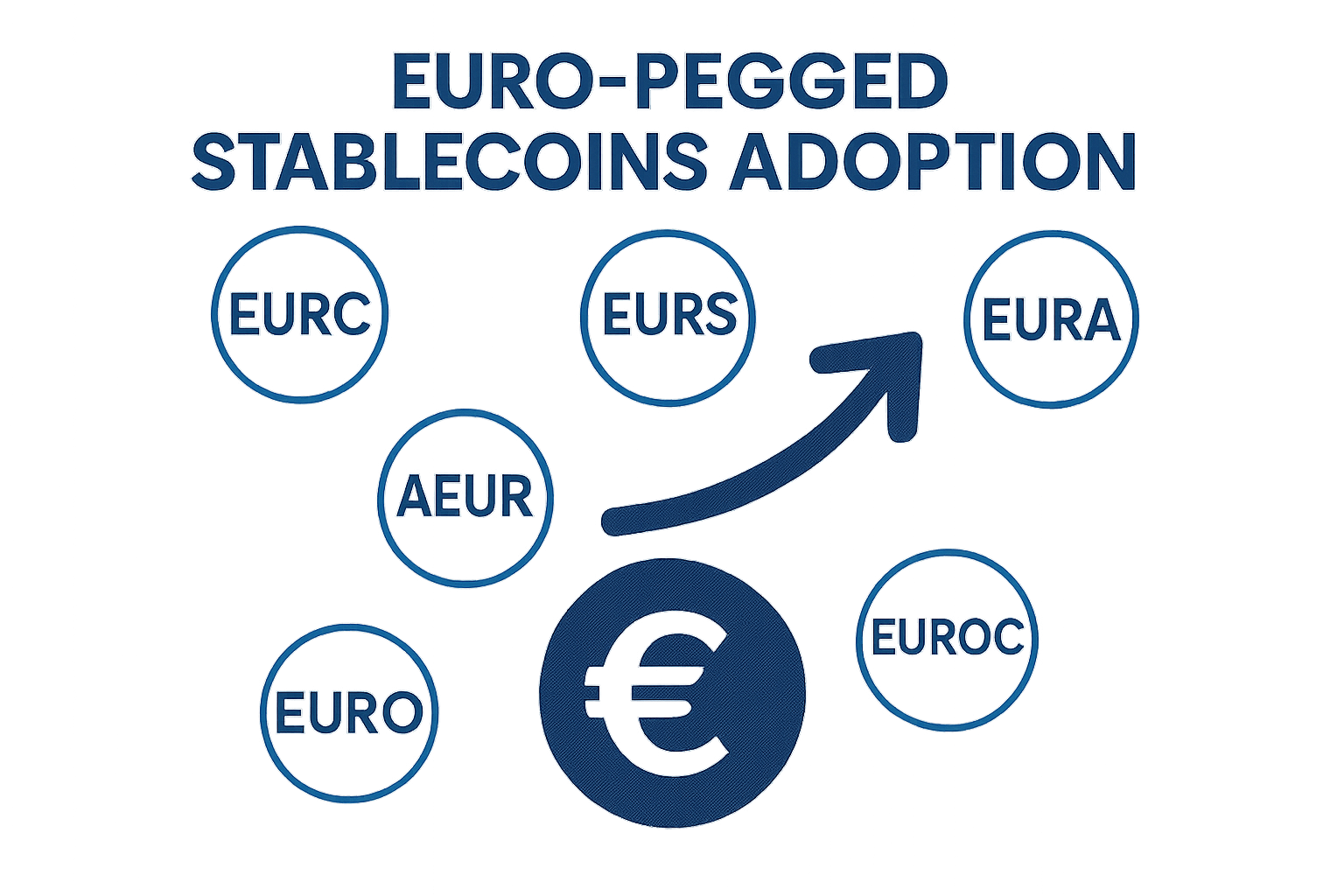 Visual representation of top euro-pegged stablecoins in 2024: EURC, EURS, EURA, AEUR, and EUROC, highlighting adoption and regulatory compliance in the European crypto market.
