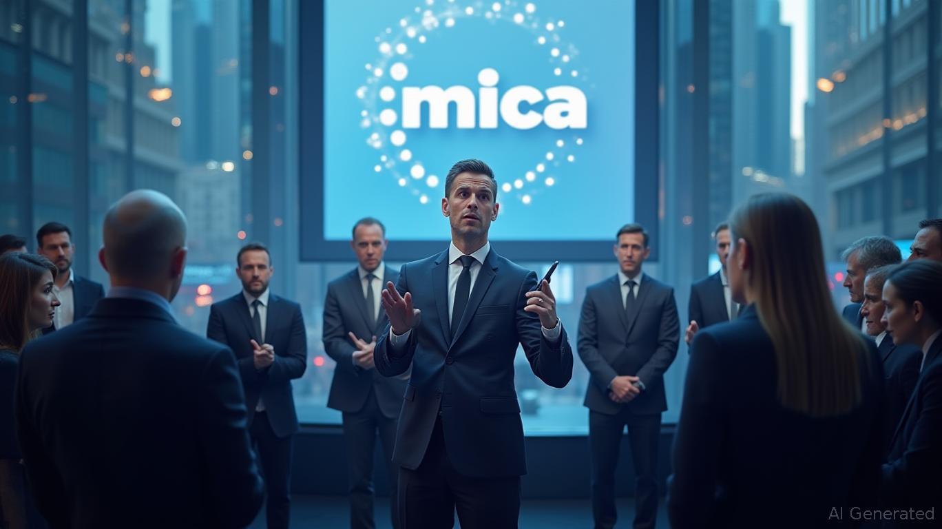 European bank executives collaborating on launching a MiCA-compliant euro stablecoin in 2025, symbolizing regulatory innovation and digital finance in the EU.