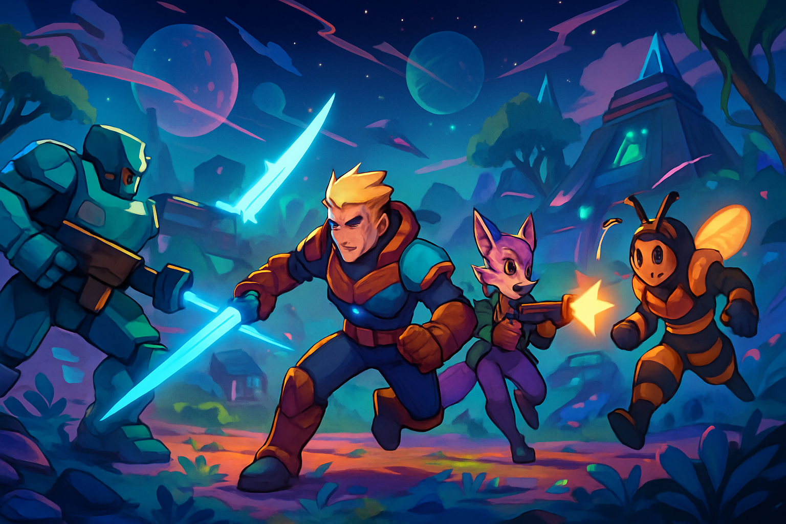 Futuristic action scene featuring characters from top Solana games in 2025: Risen Heroes, BlockStranding, Star Atlas, Aurory, and Honeyland, with vibrant environments and sci-fi elements.