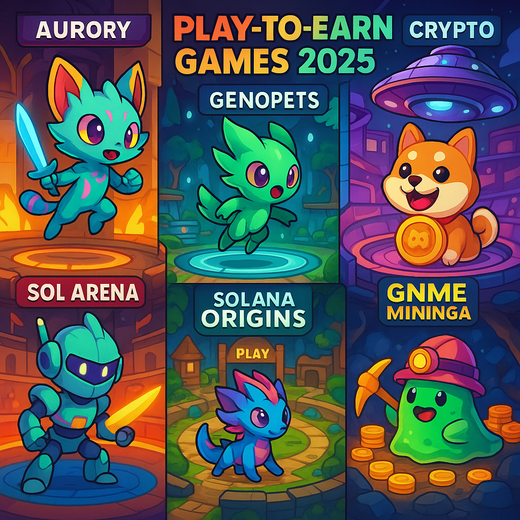 Vibrant action scenes from top Solana play-to-earn games for 2025, featuring Aurory, Genopets, Bonk Arena, Sol Arena, Play Solana: Origins, GNME MININGA, and Crypto UFO with digital pets and colorful arenas.
