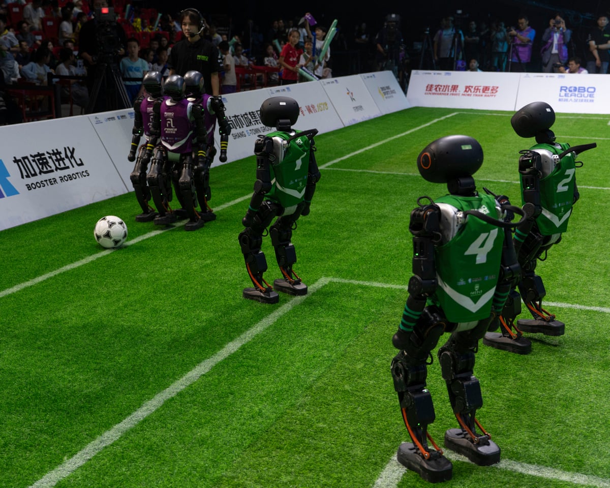 Explosive AI robot soccer arena in FoxLeague with robotic teams clashing mid-match, goals flying, dynamic robo-soccer action