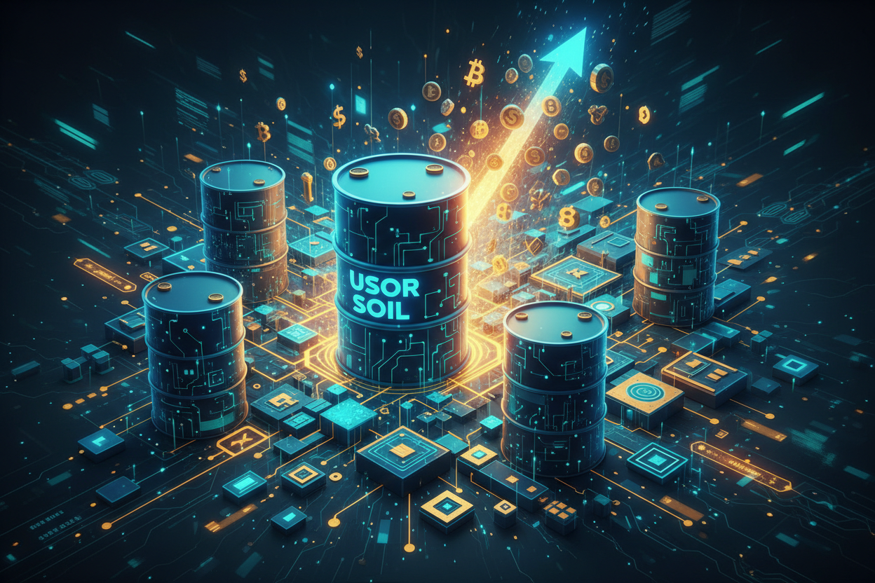 Conceptual explosive growth visualization of tokenized oil market reaching $500M in early 2026, fusing oil barrel with blockchain and crypto elements like USOR sOIL POWR tokens