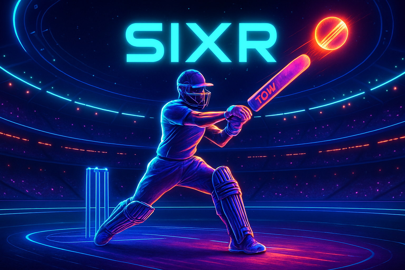 Explosive cricket sixer hit in futuristic TON blockchain arena with glowing SIXR NFTs, Web3 cricket gaming on TON 2025