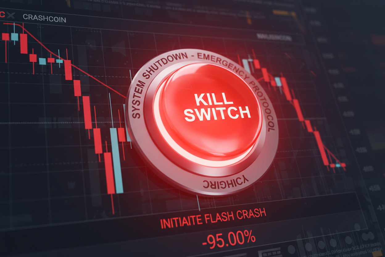 Glowing red kill-switch button overlay on explosive crypto flash crash visualization, symbolizing instant protection for autonomous trading agents against market volatility