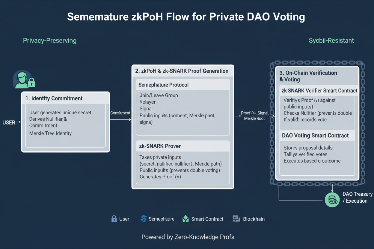Exploded diagram of Semaphore zkPoH flow: identity commitment, zk-SNARK proof generation, on-chain verification in Web3 DAO voting DApp