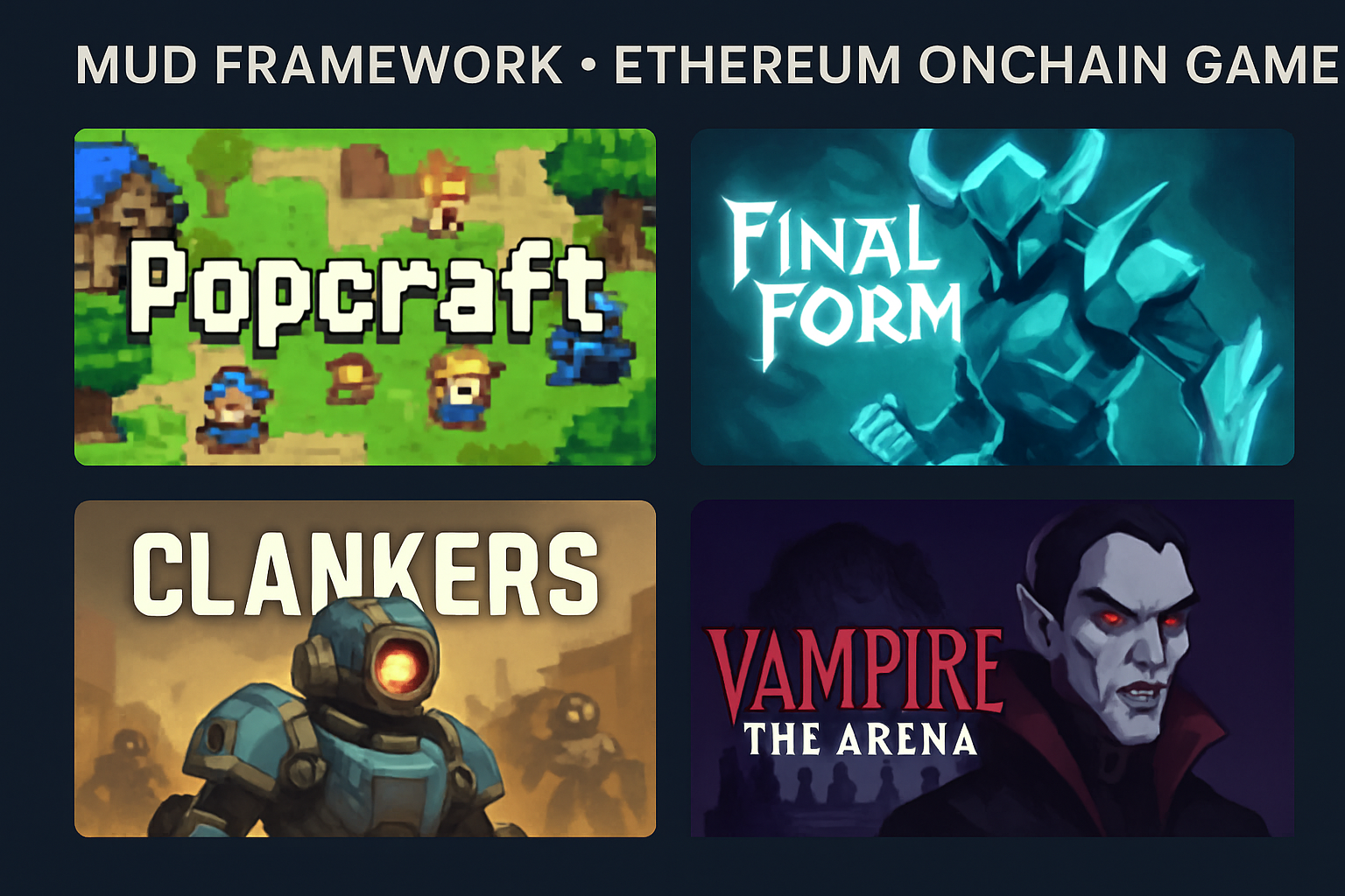 Explosive Ethereum on-chain gaming innovation 2025 with MUD framework top games Popcraft Clankers Final Form Parallel Vampire Arena Ricochet Autobahn Headless Horseman Onchain Chess MUD Day War Game