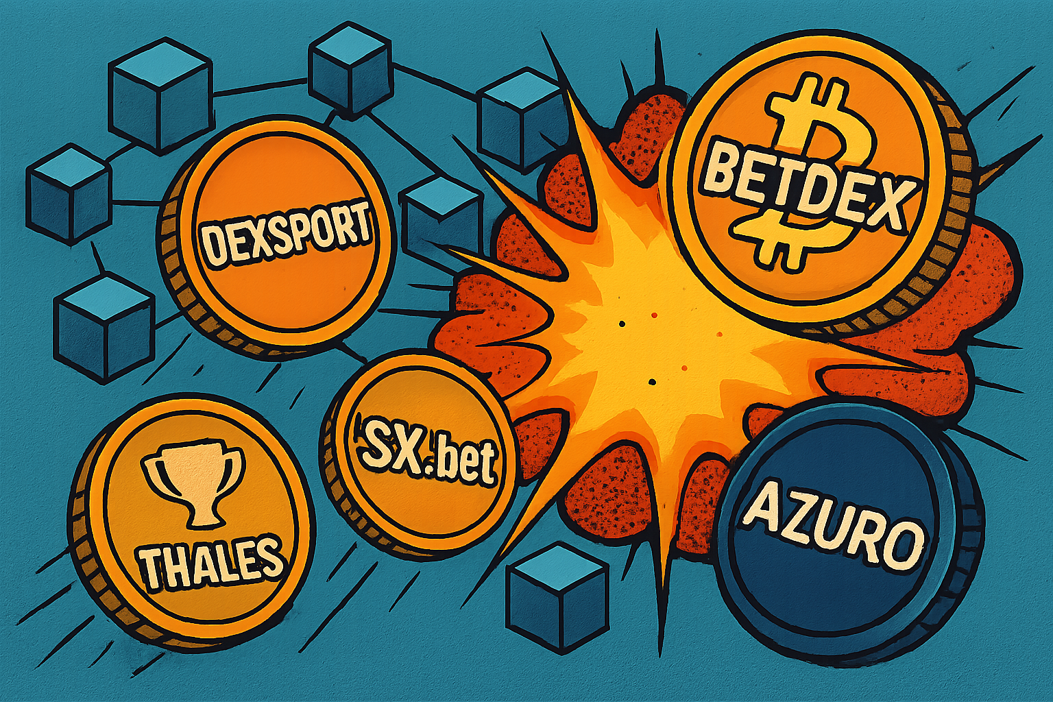 Explosive graphic of blockchain nodes powering decentralized sports betting action with flying crypto tokens, featuring Dexsport.io, SX.bet, BetDEX, Thales Market, Azuro for no KYC transparent bets 2025