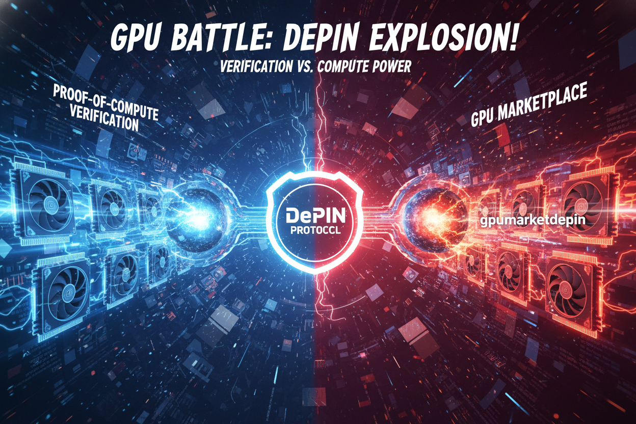 Explosive graphic of GPUs locked in intense Proof-of-Compute verification battle on gpumarketdepin DePIN network, showcasing decentralized GPU workload validation
