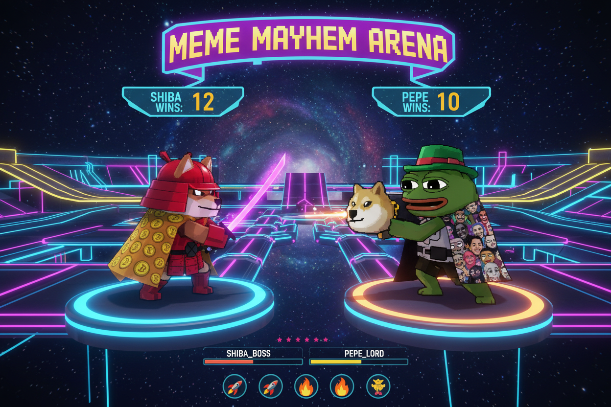 Shiba Infinity Meme Mayhem PvP screenshot: Shiba and Pepe meme characters in explosive neon arena battle, Solana crypto gaming multiplayer shooter on iOS