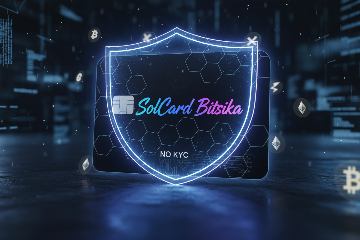 Sleek anonymous no-KYC crypto debit card glowing with privacy shields and crypto icons like Bitcoin Ethereum Solana for trusted privacy spending in 2026 featuring SolCard Bitsika BingCard Laso Bitsa