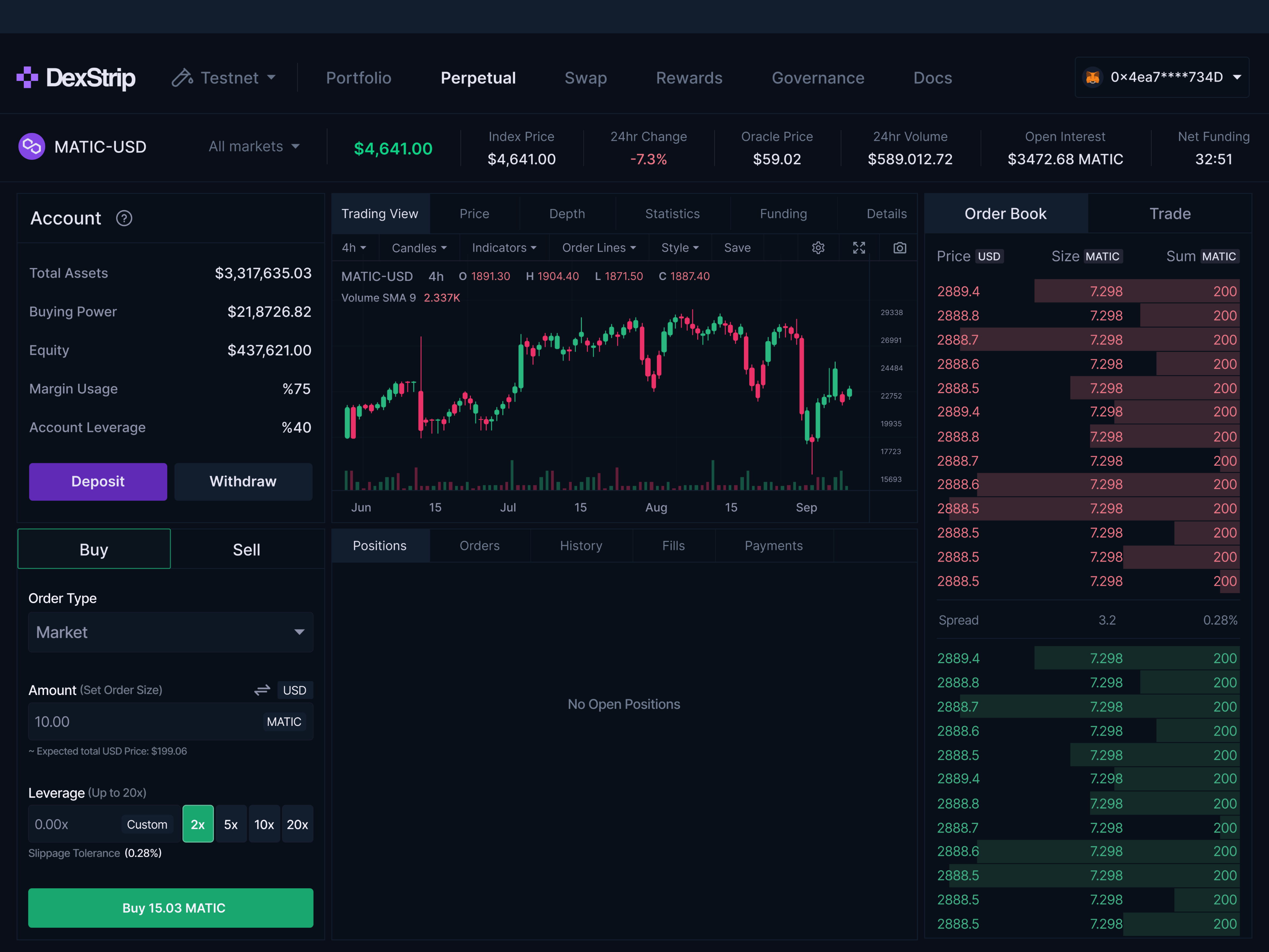 Perpetual DEX trading dashboard interface